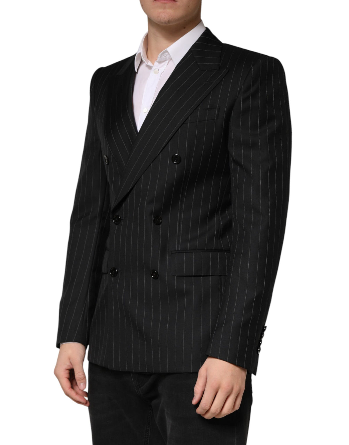 Dolce & Gabbana Men's Double Breasted Virgin Wool & Silk Blazer - Black Striped