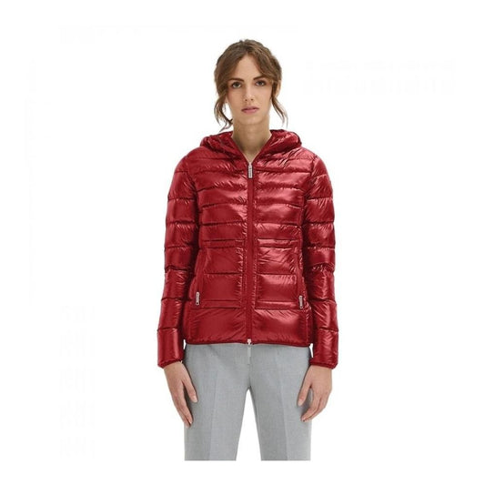 Hooded Puffer Jacket by Centogrammi for women in nylon fabric red showcases a bohemian silhouette, artfully detailed with a bohemian hooded neckline and signature pockets, hooded, insulated & windproof for a truly bohemian finish.