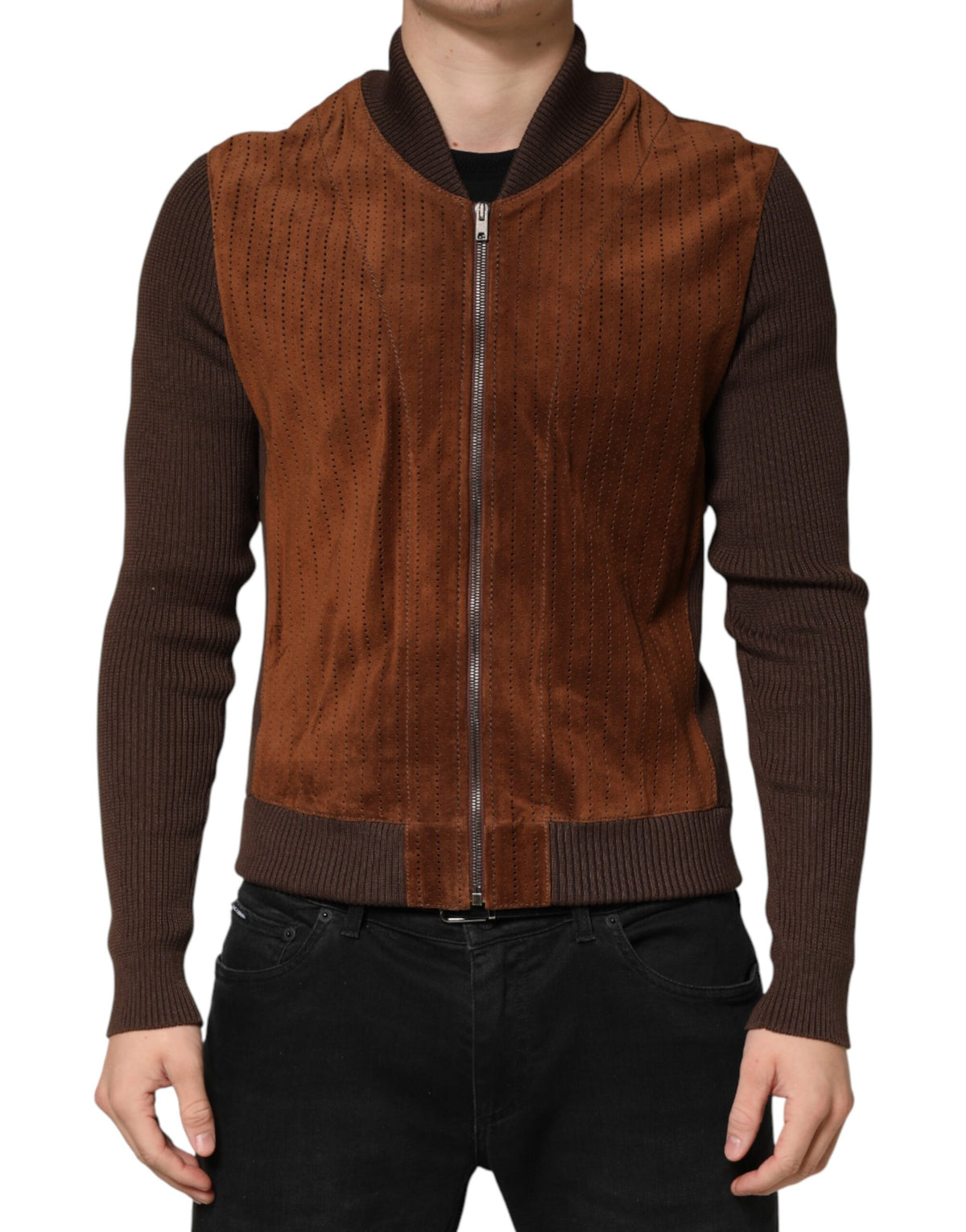 Jacket by Dolce & Gabbana for men in calfskin cotton & velvet brown showcases a contemporary silhouette, detailed with a contemporary and premium for a sophisticated finish.
