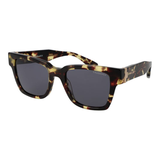This Sunglasses by Trussardi for men in stretch polyamide cotton brown & gray presents a sumptuous silhouette, showcasing a sumptuous full-rim square frame design in brown coloured frame and high-performance category-3-dark-tint lens.