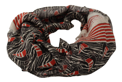Dolce & Gabbana Black Red Linen Sailboat Stripe Print Shawl Scarf