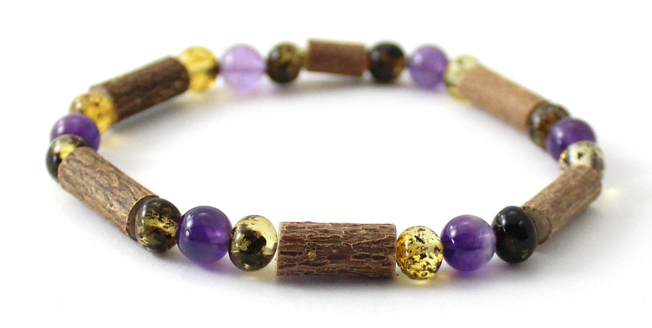 Amber Green Stretch Bracelet With Purple Amethyst and Hazelwood-3
