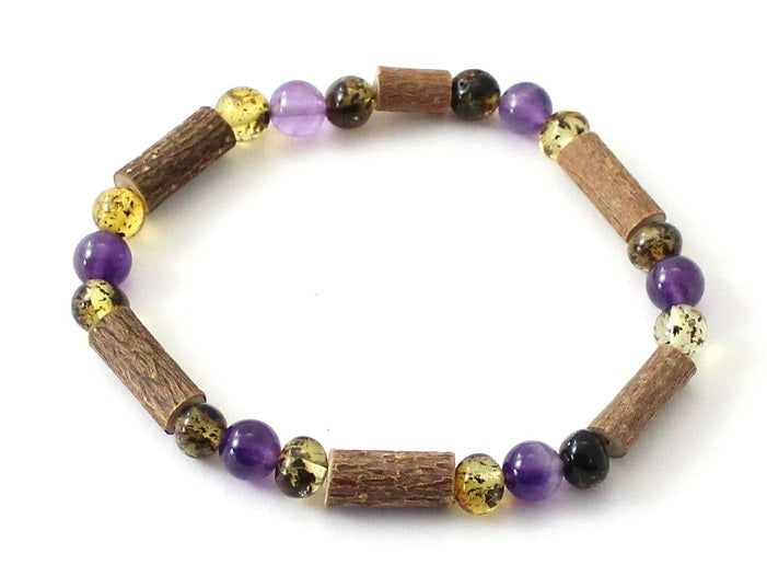Amber Green Stretch Bracelet With Purple Amethyst and Hazelwood-0