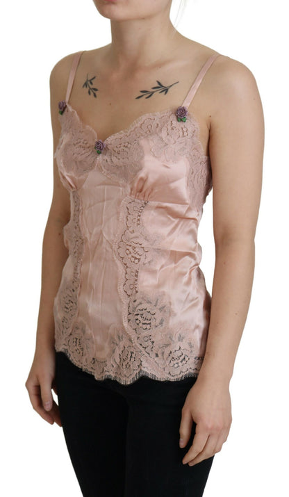 Dolce & Gabbana Pink Satin Lace Roses Tank Top Lingerie