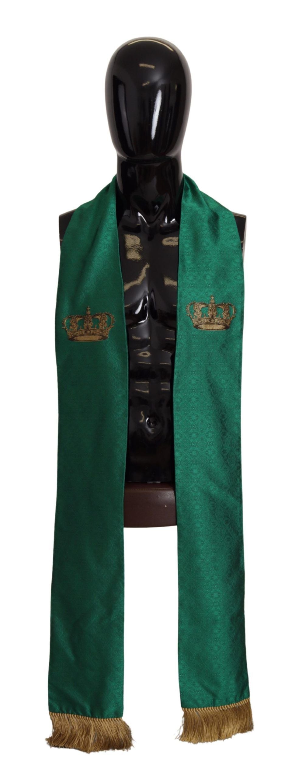 Dolce & Gabbana Green Crown Embroidered Shawl Fringe Blend Silk