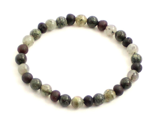 Amber Raw Black Cherry Stretch Bracelet With Gray Labradorite and Green Lace Stone-0