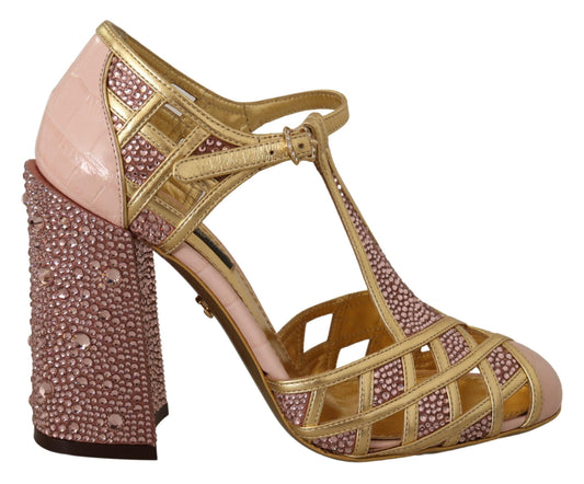 Pink Gold Leather Crystal Pumps T-strap Shoes
