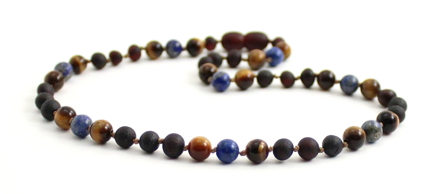 Amber Cherry Raw, Lapis Lazuli and Tiger's Eye Necklace-3