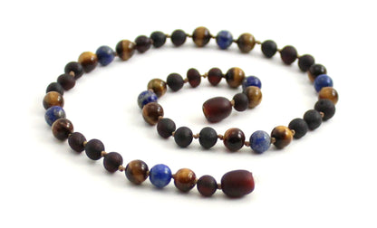 Amber Cherry Raw, Lapis Lazuli and Tiger's Eye Necklace-0