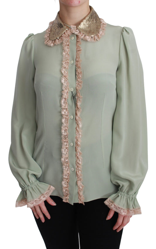 Elegant Mint Green Silk Blend Sequin Collar Top