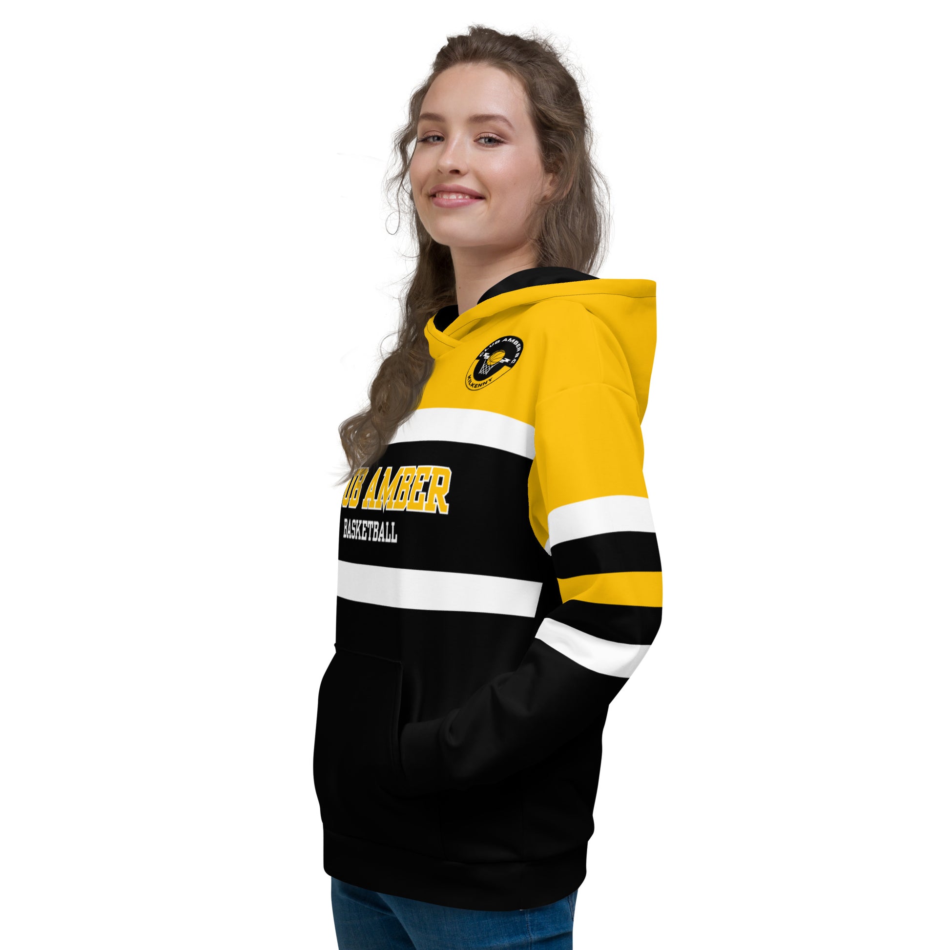 Club Amber Basketball Black & Amber Unisex Hoodie - Designed by Moon Behind The Hill Available to Buy at a Discounted Price on Moon Behind The Hill Online Designer Discount Store