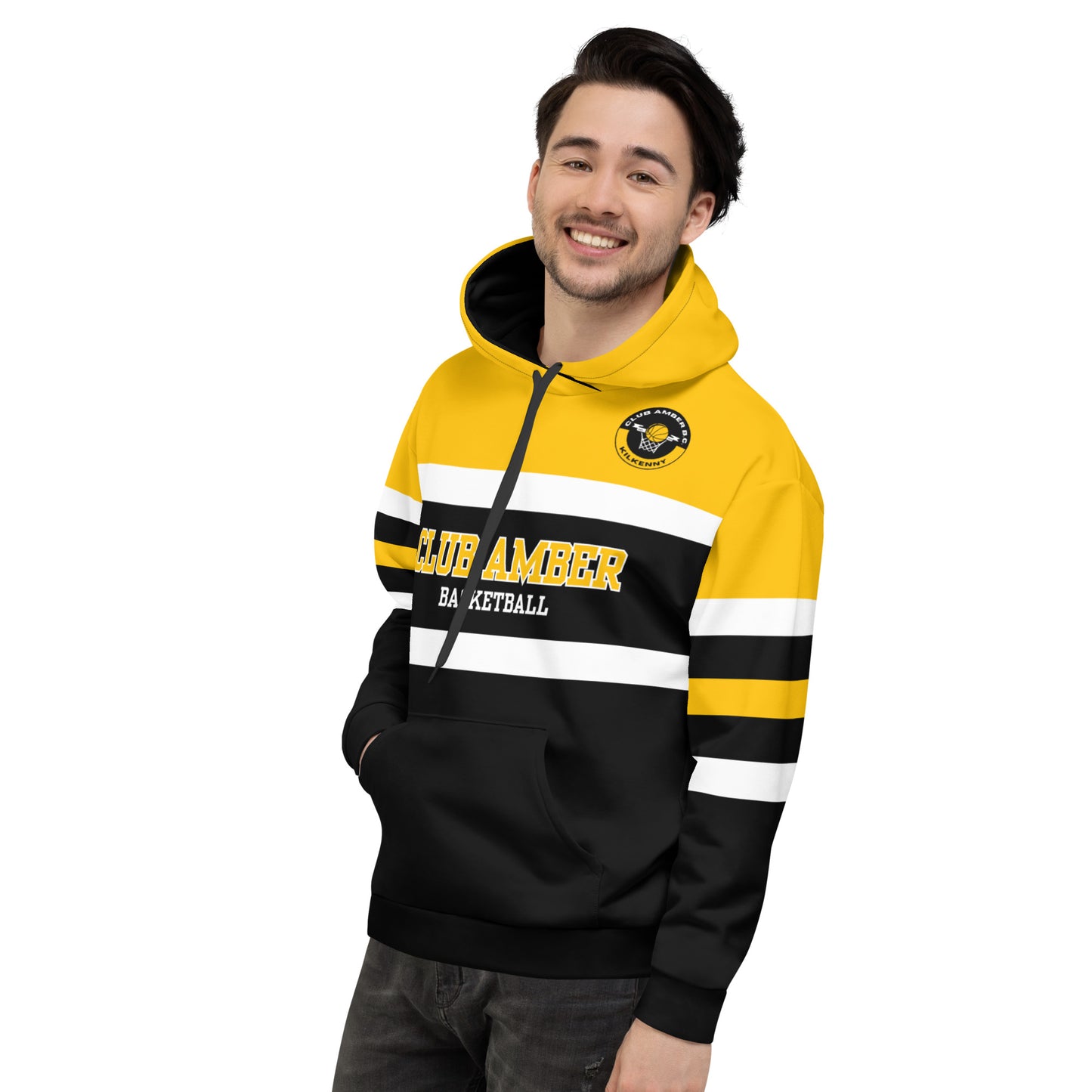 Club Amber Basketball Black & Amber Unisex Hoodie - Designed by Moon Behind The Hill Available to Buy at a Discounted Price on Moon Behind The Hill Online Designer Discount Store