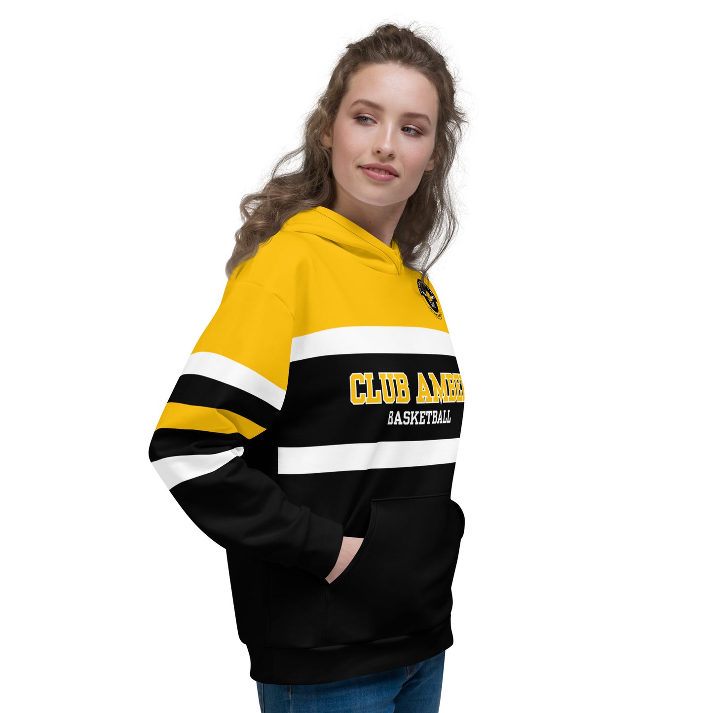 Club Amber Basketball Black & Amber Unisex Hoodie - Designed by Moon Behind The Hill Available to Buy at a Discounted Price on Moon Behind The Hill Online Designer Discount Store