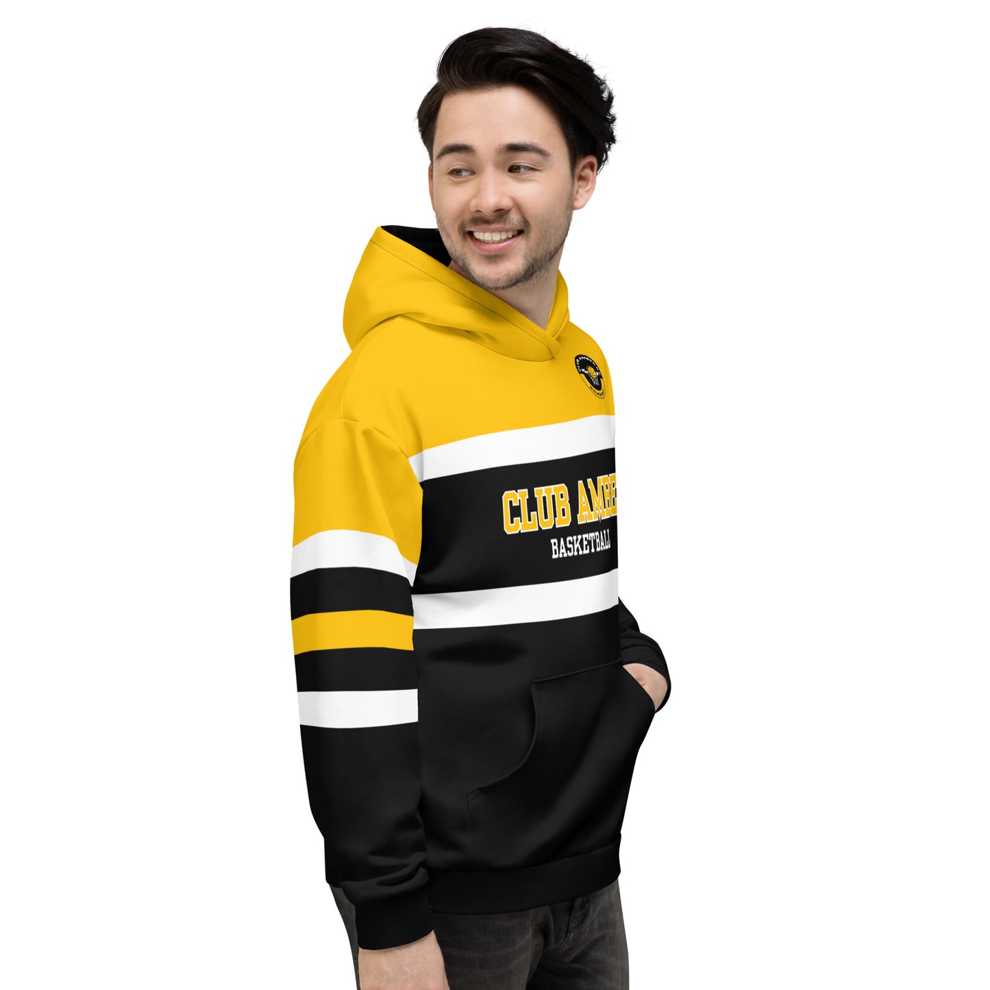 Club Amber Basketball Black & Amber Unisex Hoodie - Designed by Moon Behind The Hill Available to Buy at a Discounted Price on Moon Behind The Hill Online Designer Discount Store