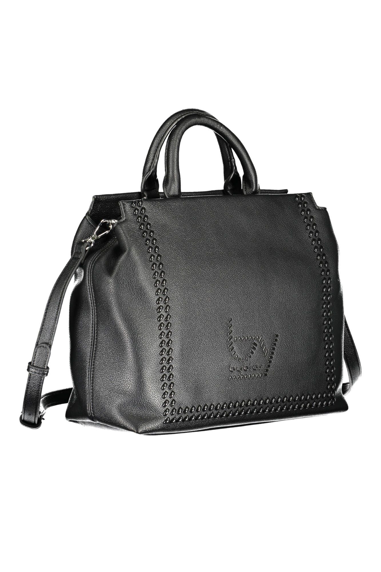 Elegant Two-Handle Black Handbag with Contrasting Details