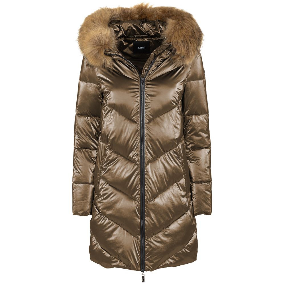 Imperfect Women's Brown Polyamide Long Down Jackets with Eco-Fur Lined Hood