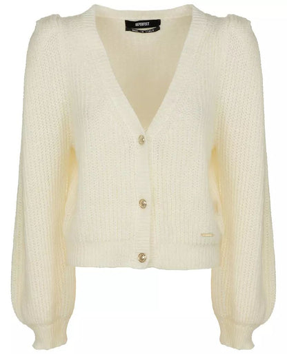 Imperfect Women's Elegant White V-Neck Cardigan With Golden Buttons