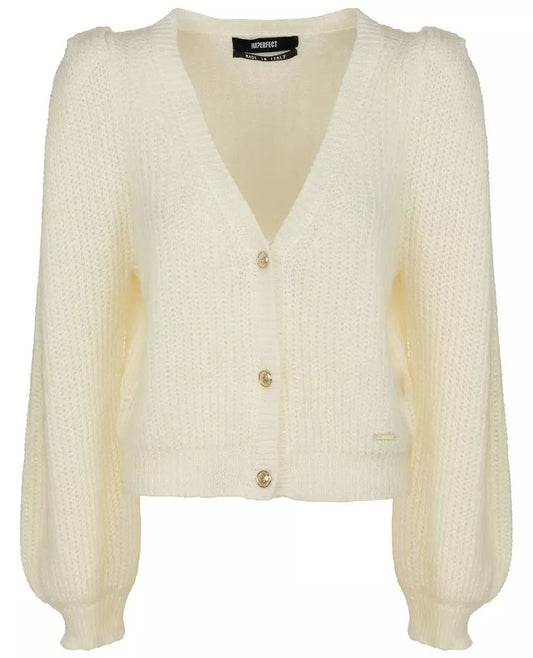 Imperfect Women's Elegant White V-Neck Cardigan With Golden Buttons