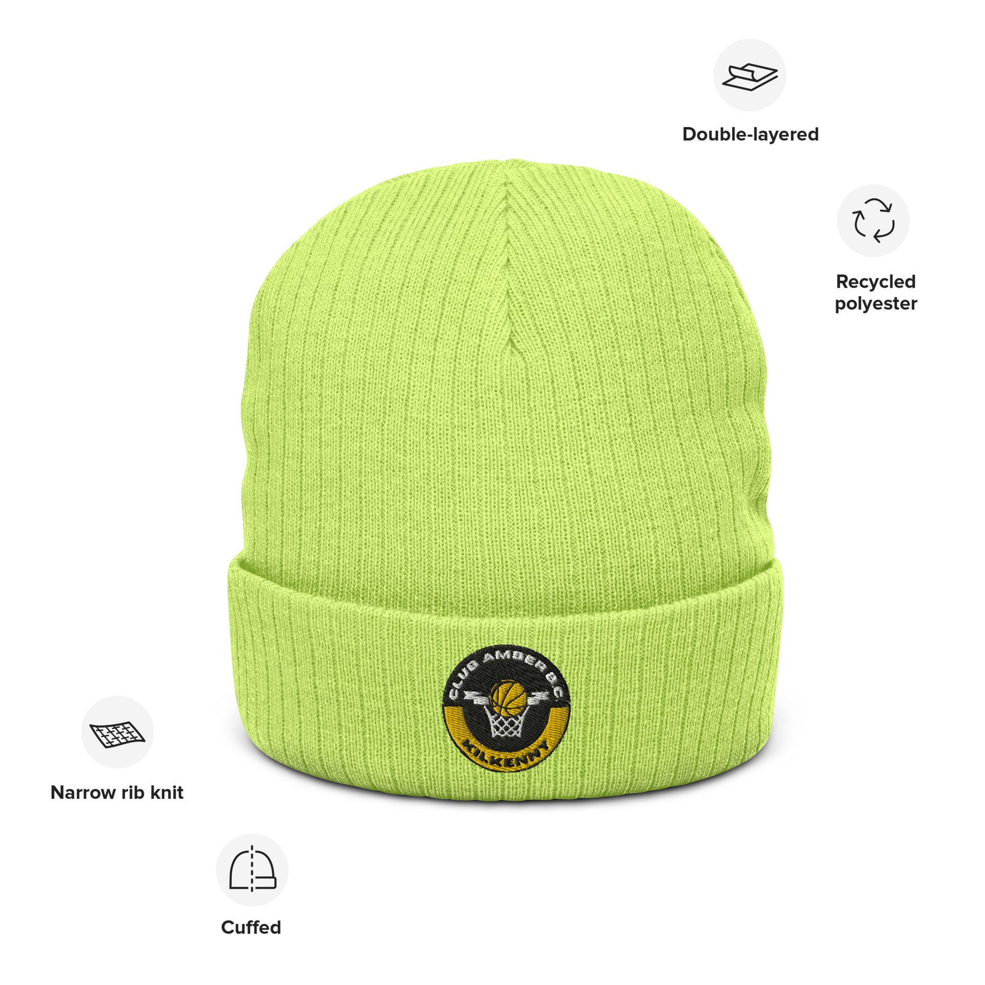 Club Amber Basketball Kilkenny Ribbed Knit Beanie Hat - Designed by Moon Behind The Hill Available to Buy at a Discounted Price on Moon Behind The Hill Online Designer Discount Store