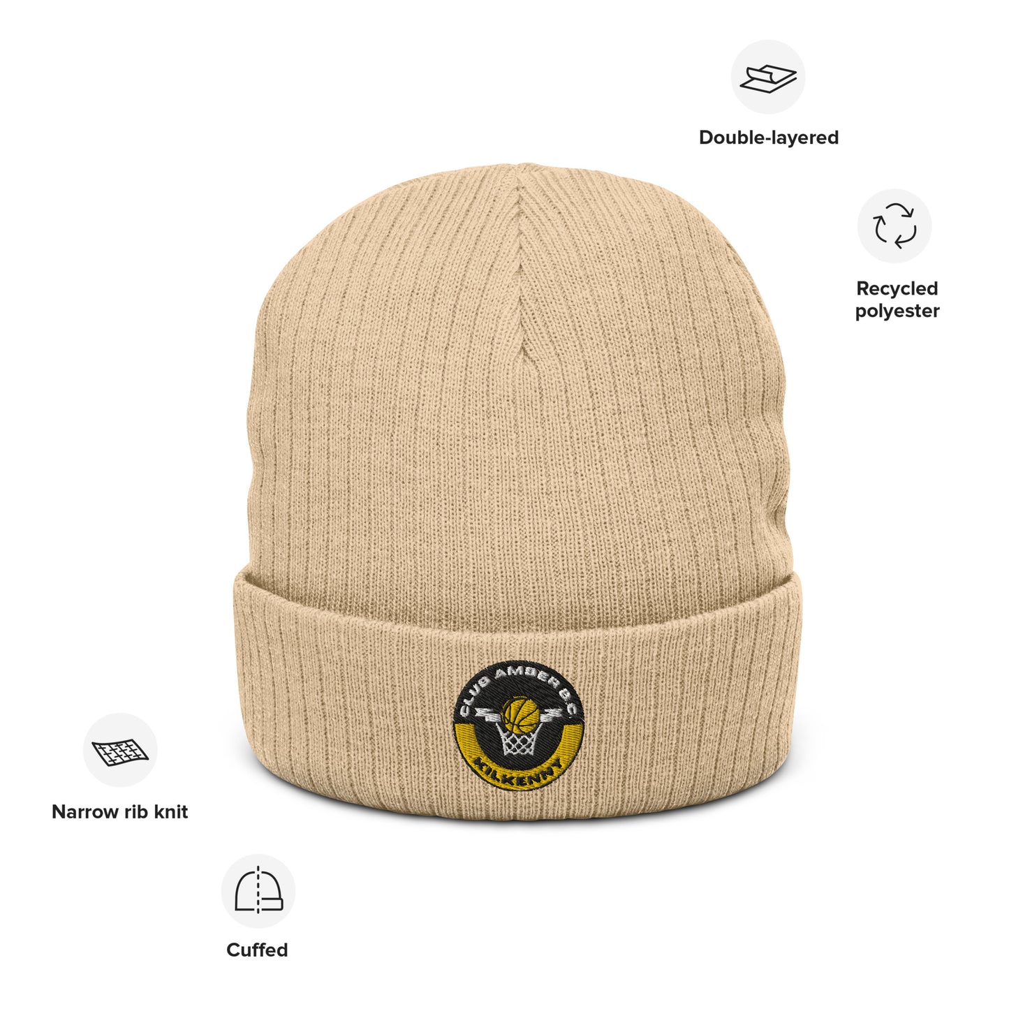 Club Amber Basketball Kilkenny Ribbed Knit Beanie Hat - Designed by Moon Behind The Hill Available to Buy at a Discounted Price on Moon Behind The Hill Online Designer Discount Store