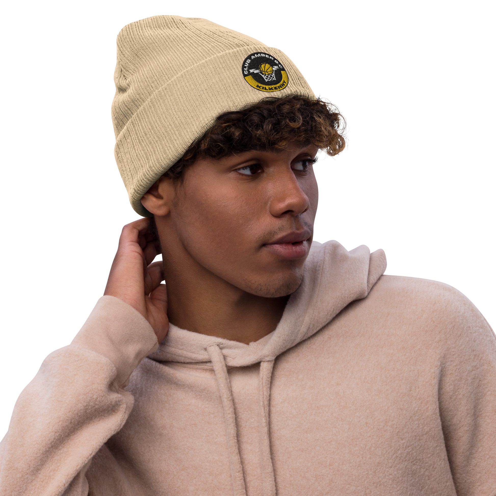 Club Amber Basketball Kilkenny Ribbed Knit Beanie Hat - Designed by Moon Behind The Hill Available to Buy at a Discounted Price on Moon Behind The Hill Online Designer Discount Store