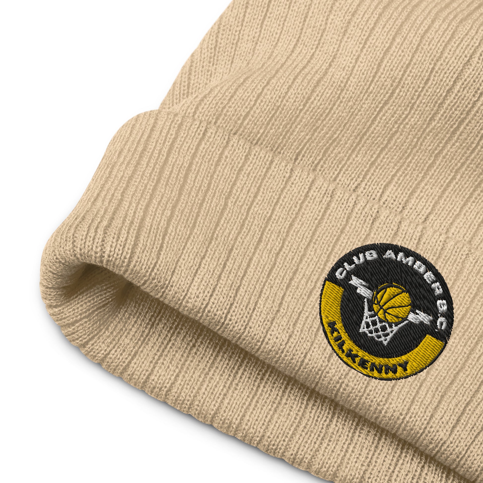 Club Amber Basketball Kilkenny Ribbed Knit Beanie Hat - Designed by Moon Behind The Hill Available to Buy at a Discounted Price on Moon Behind The Hill Online Designer Discount Store