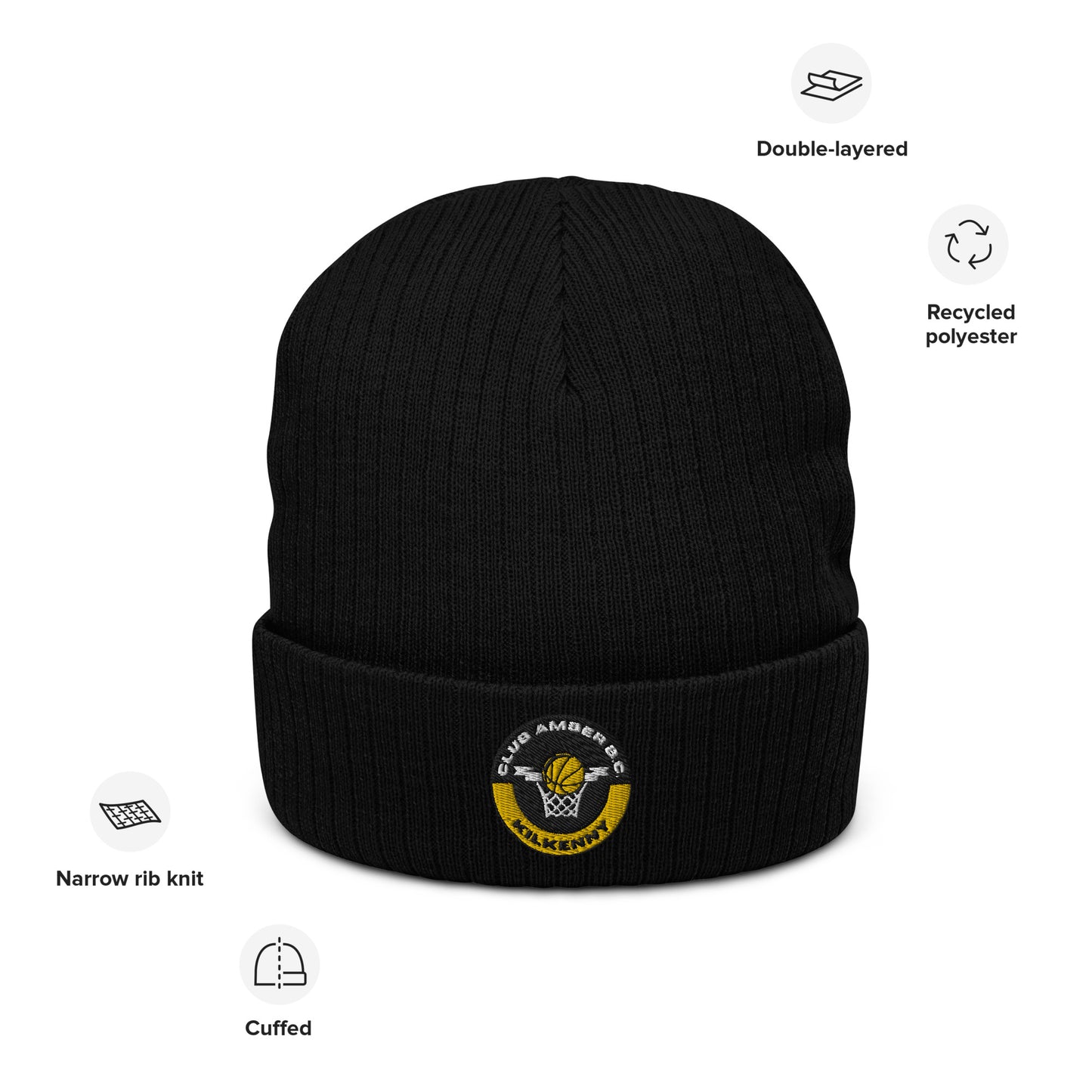 Club Amber Basketball Kilkenny Ribbed Knit Beanie Hat - Designed by Moon Behind The Hill Available to Buy at a Discounted Price on Moon Behind The Hill Online Designer Discount Store