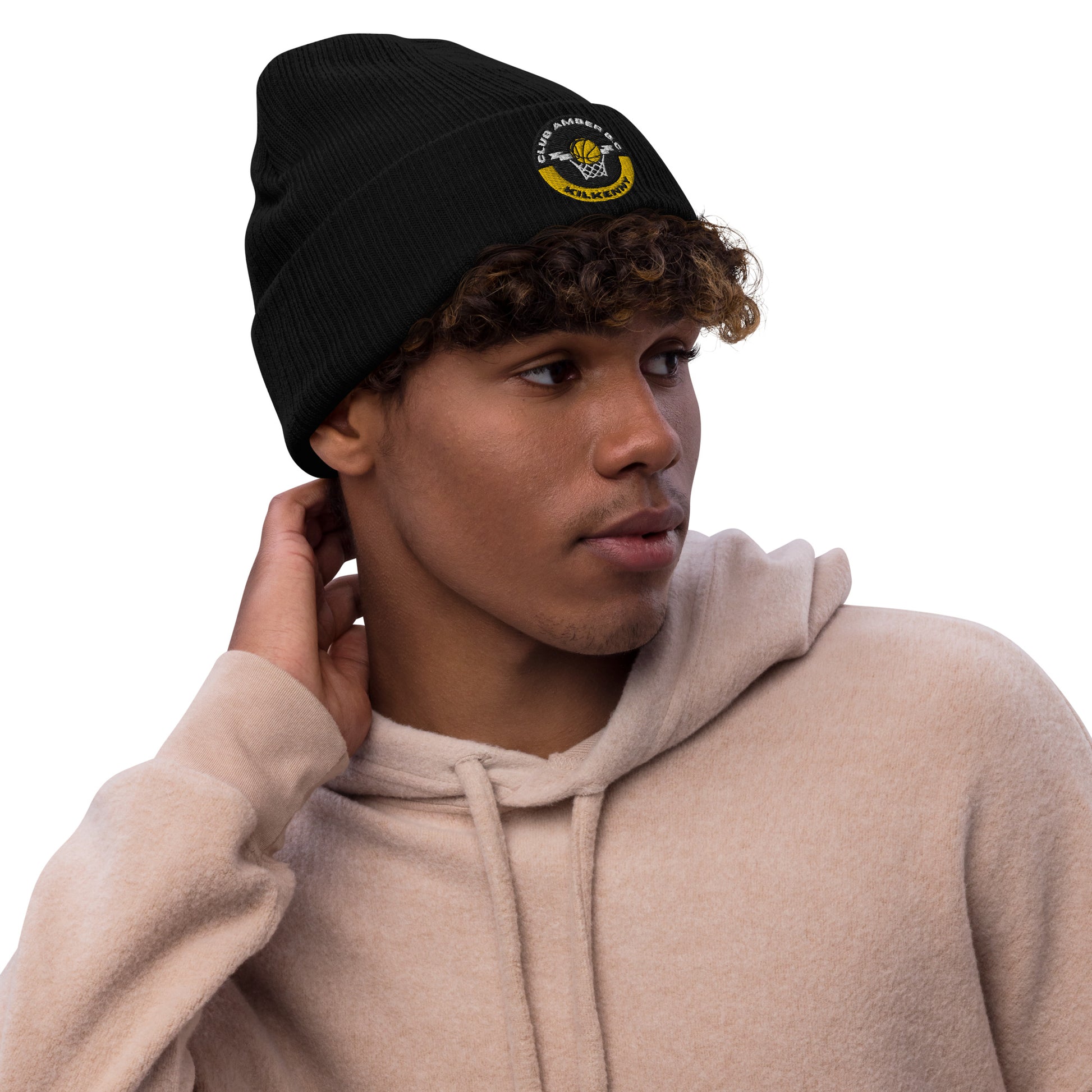Club Amber Basketball Kilkenny Ribbed Knit Beanie Hat - Designed by Moon Behind The Hill Available to Buy at a Discounted Price on Moon Behind The Hill Online Designer Discount Store