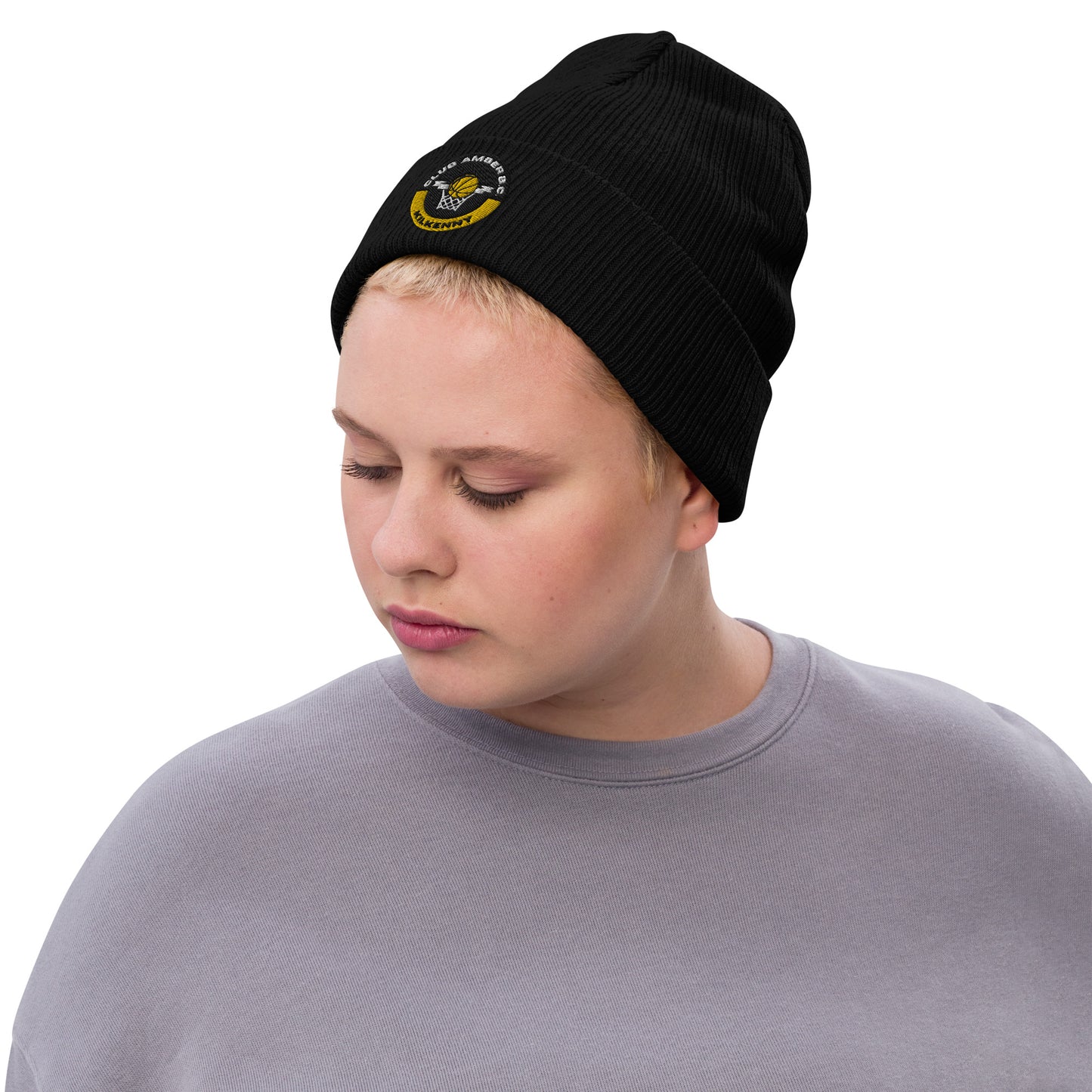 Club Amber Basketball Kilkenny Ribbed Knit Beanie Hat - Designed by Moon Behind The Hill Available to Buy at a Discounted Price on Moon Behind The Hill Online Designer Discount Store
