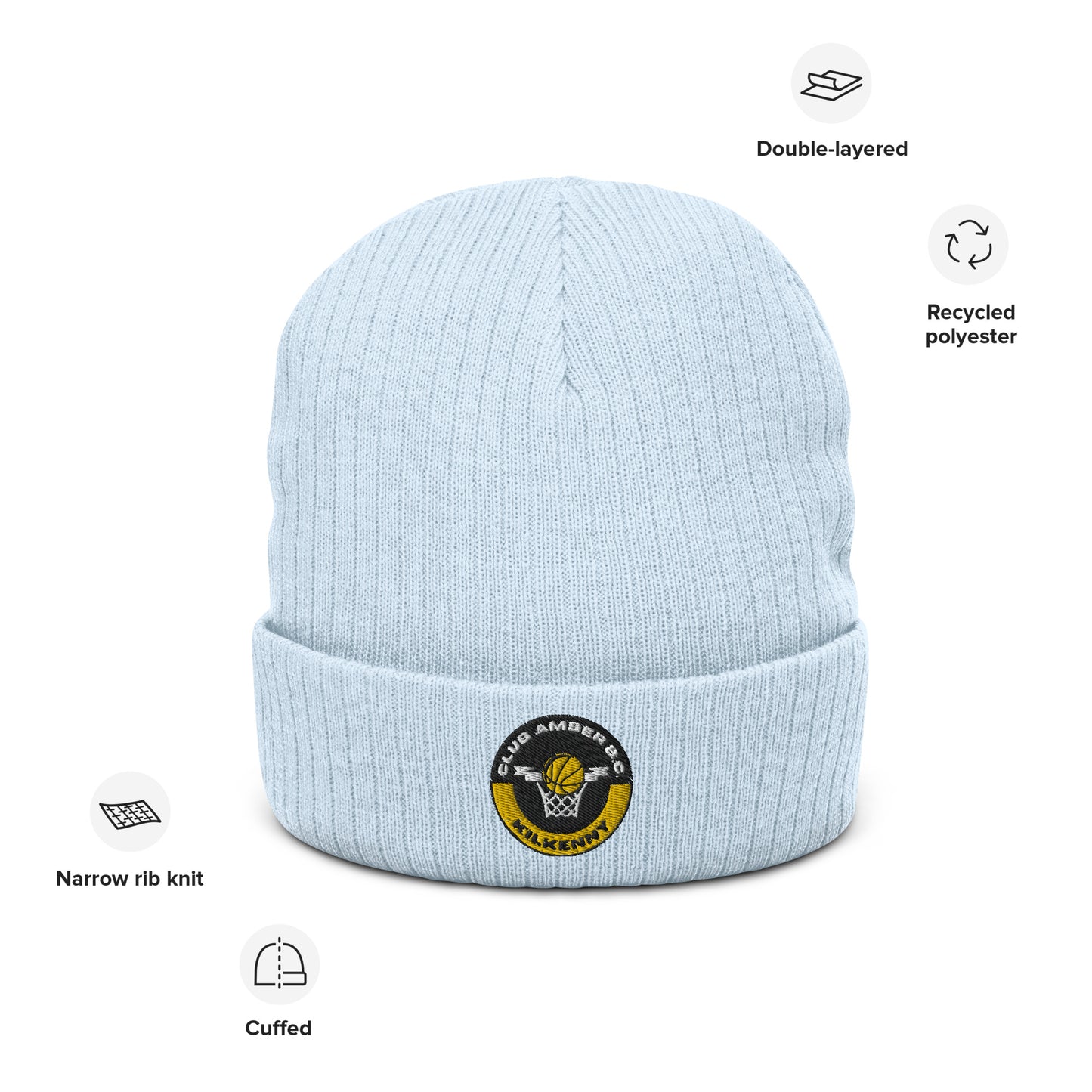 Club Amber Basketball Kilkenny Ribbed Knit Beanie Hat - Designed by Moon Behind The Hill Available to Buy at a Discounted Price on Moon Behind The Hill Online Designer Discount Store