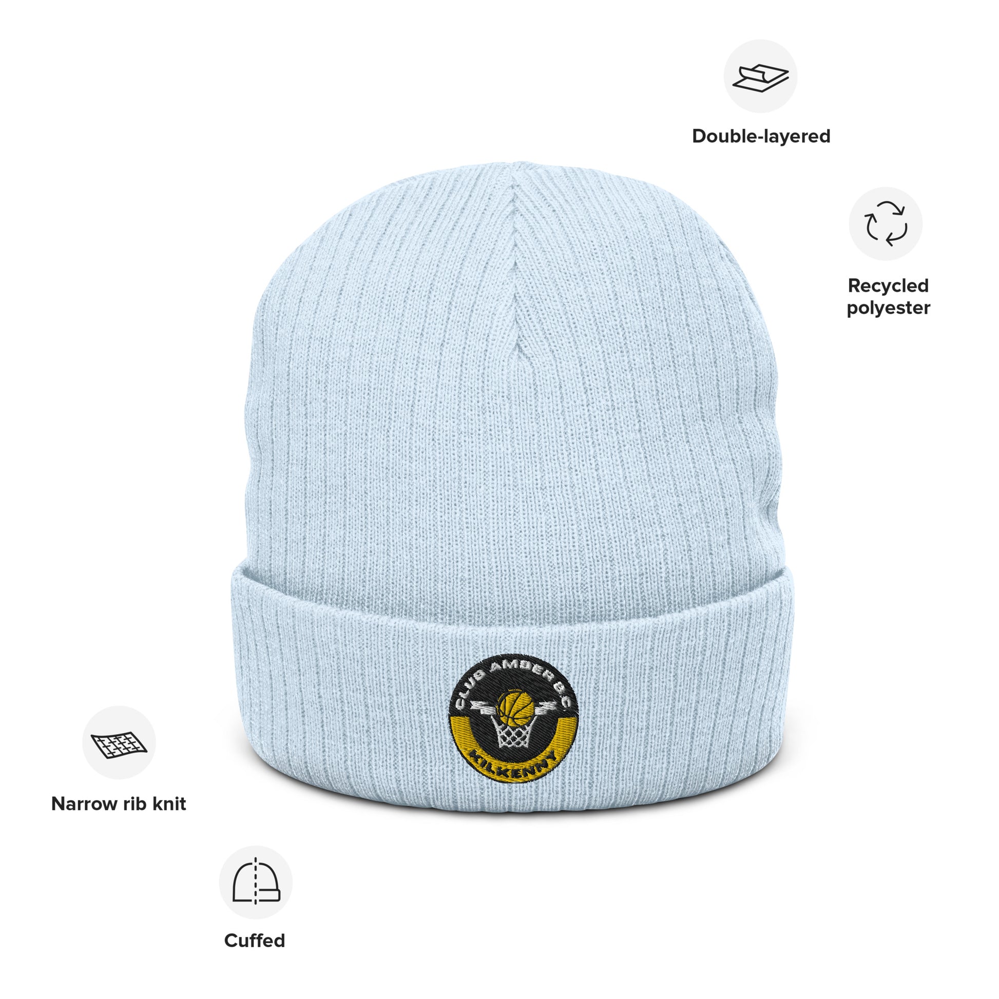 Club Amber Basketball Kilkenny Ribbed Knit Beanie Hat - Designed by Moon Behind The Hill Available to Buy at a Discounted Price on Moon Behind The Hill Online Designer Discount Store