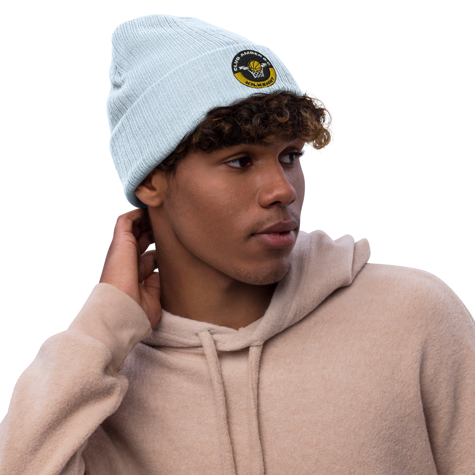 Club Amber Basketball Kilkenny Ribbed Knit Beanie Hat - Designed by Moon Behind The Hill Available to Buy at a Discounted Price on Moon Behind The Hill Online Designer Discount Store
