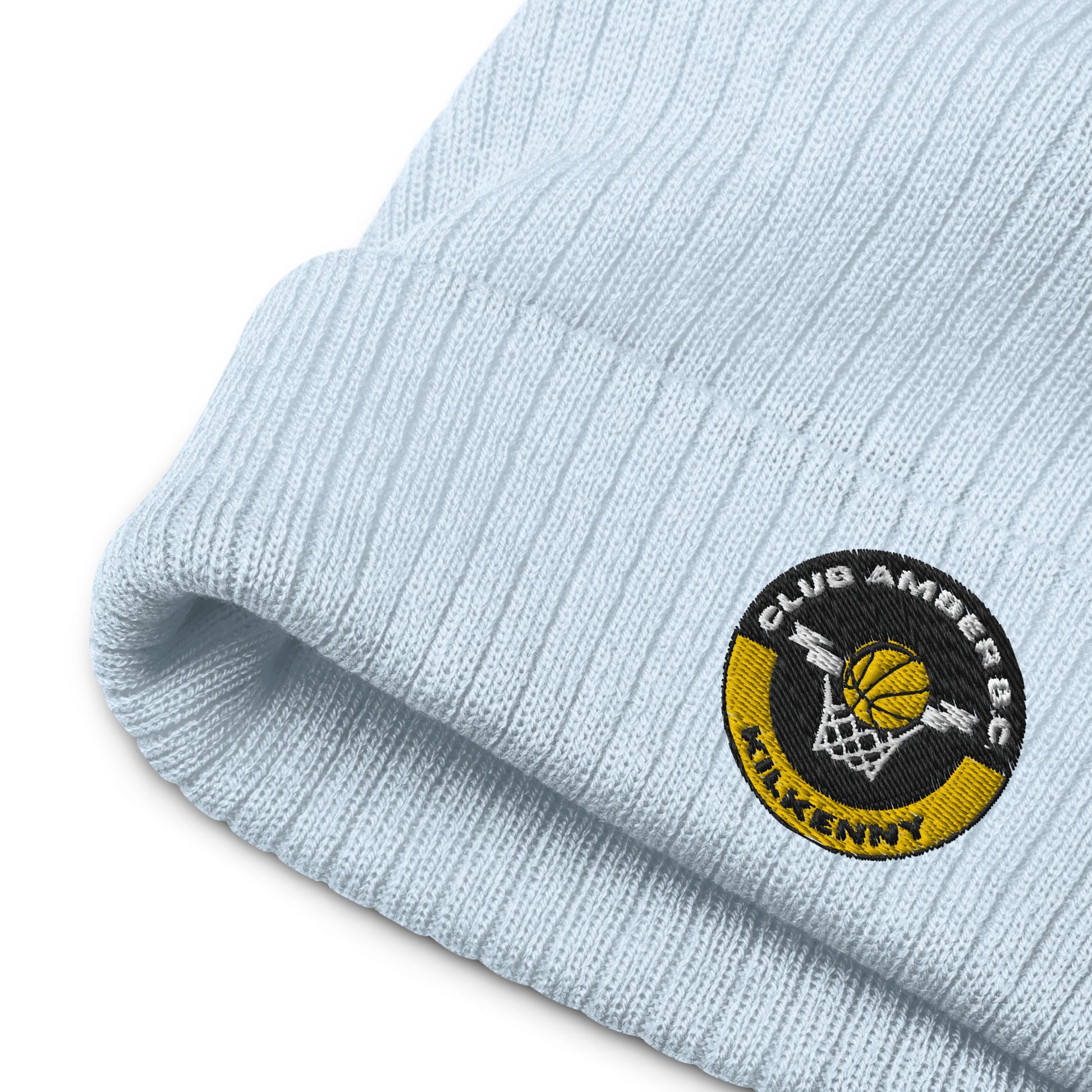 Club Amber Basketball Kilkenny Ribbed Knit Beanie Hat - Designed by Moon Behind The Hill Available to Buy at a Discounted Price on Moon Behind The Hill Online Designer Discount Store