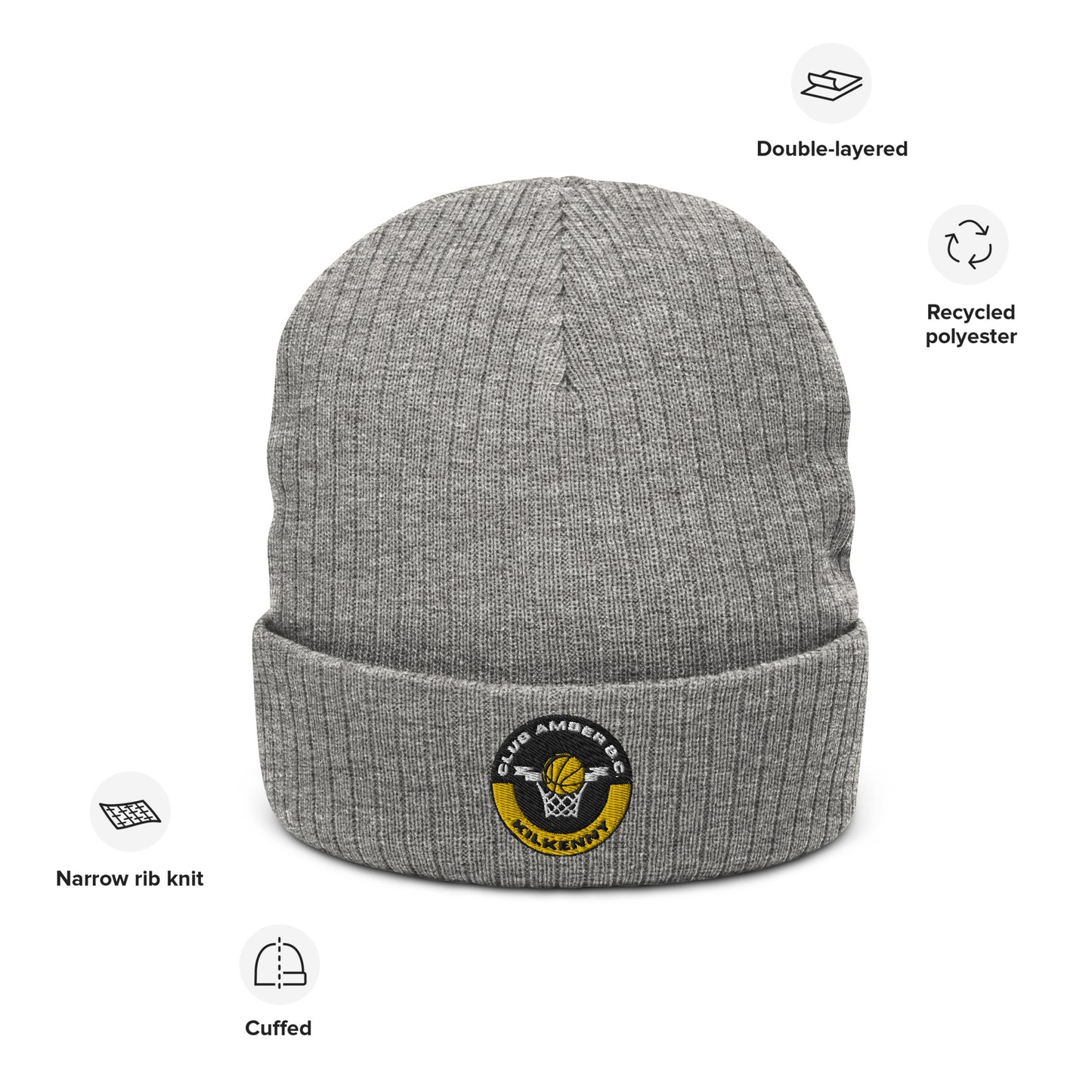 Club Amber Basketball Kilkenny Ribbed Knit Beanie Hat - Designed by Moon Behind The Hill Available to Buy at a Discounted Price on Moon Behind The Hill Online Designer Discount Store