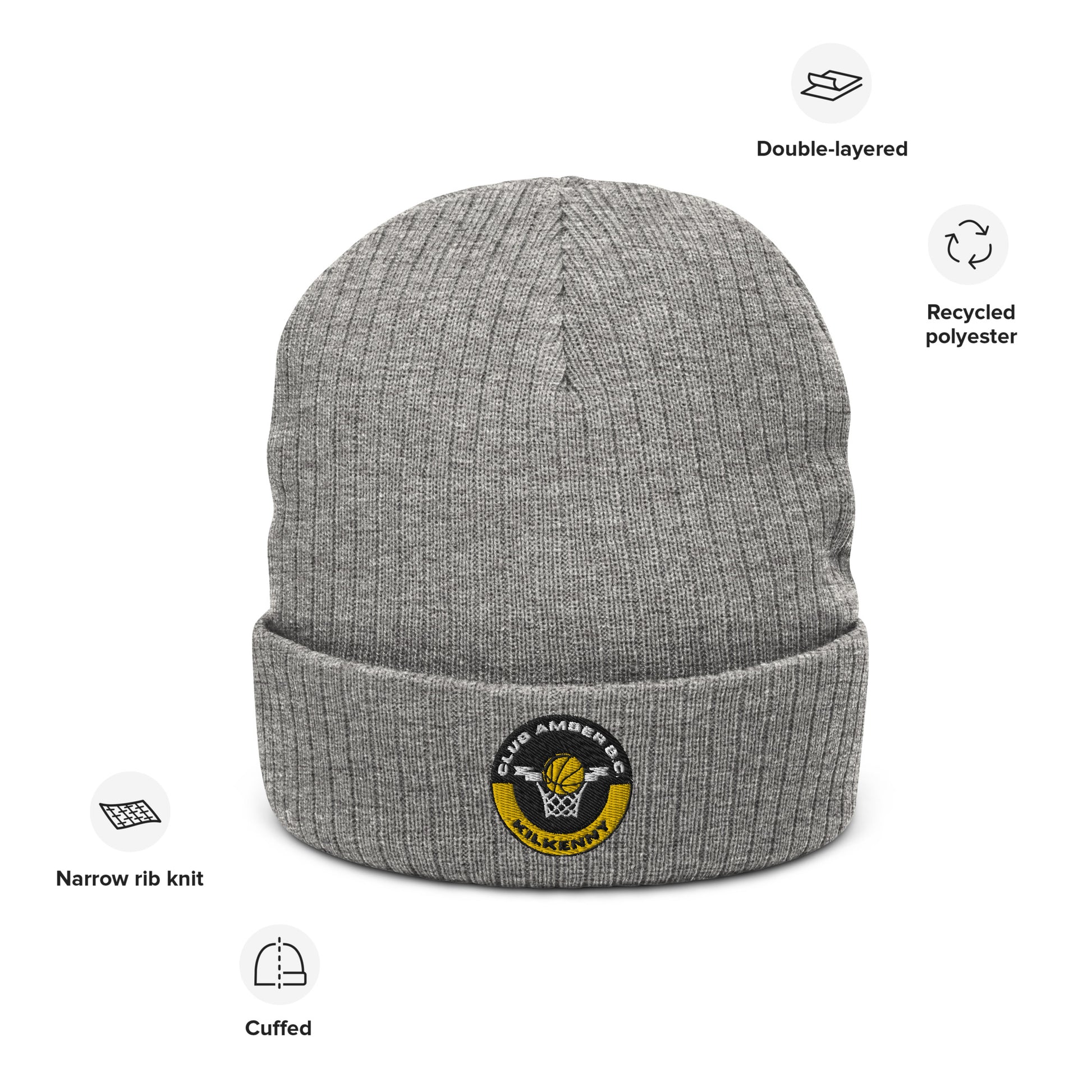 Club Amber Basketball Kilkenny Ribbed Knit Beanie Hat - Designed by Moon Behind The Hill Available to Buy at a Discounted Price on Moon Behind The Hill Online Designer Discount Store