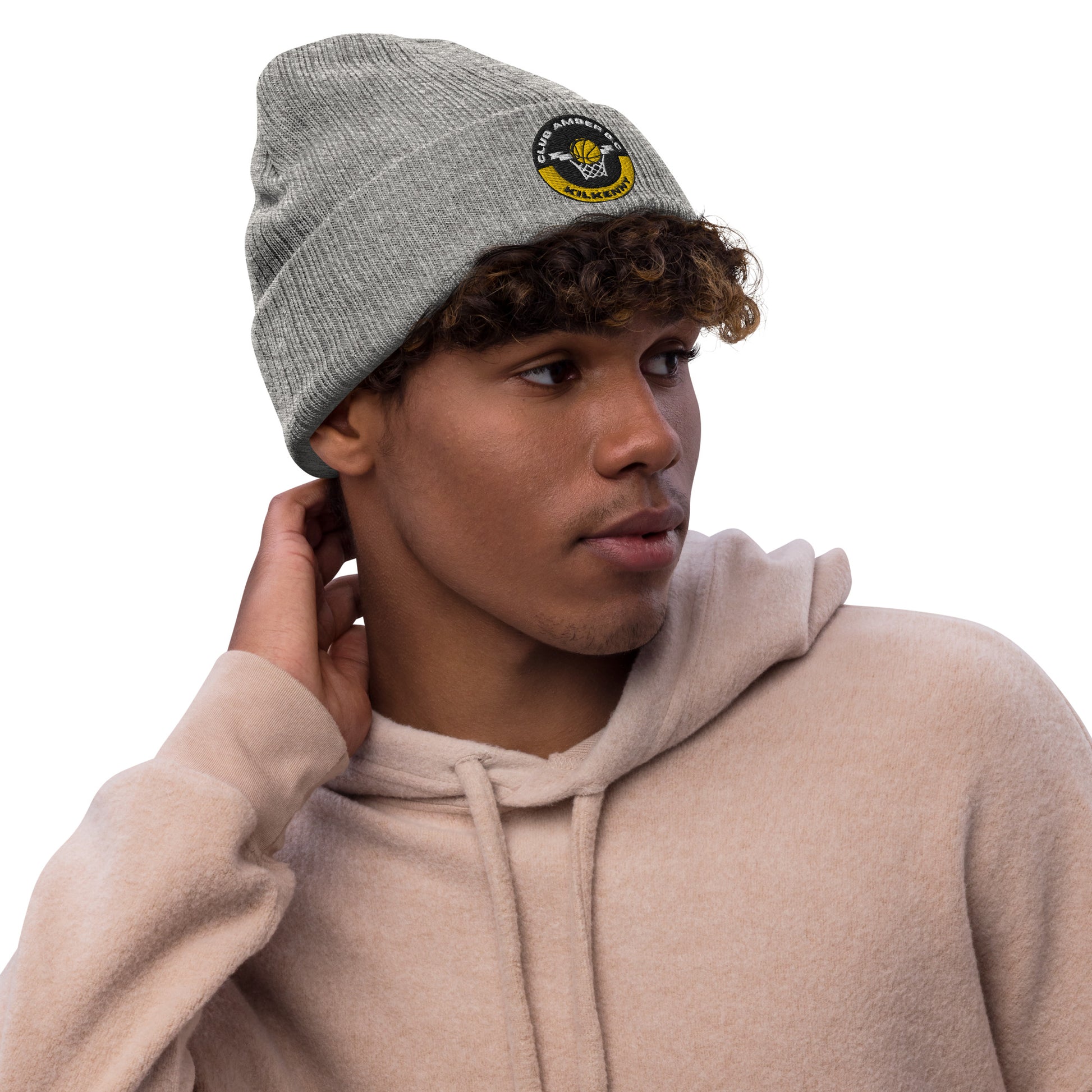 Club Amber Basketball Kilkenny Ribbed Knit Beanie Hat - Designed by Moon Behind The Hill Available to Buy at a Discounted Price on Moon Behind The Hill Online Designer Discount Store