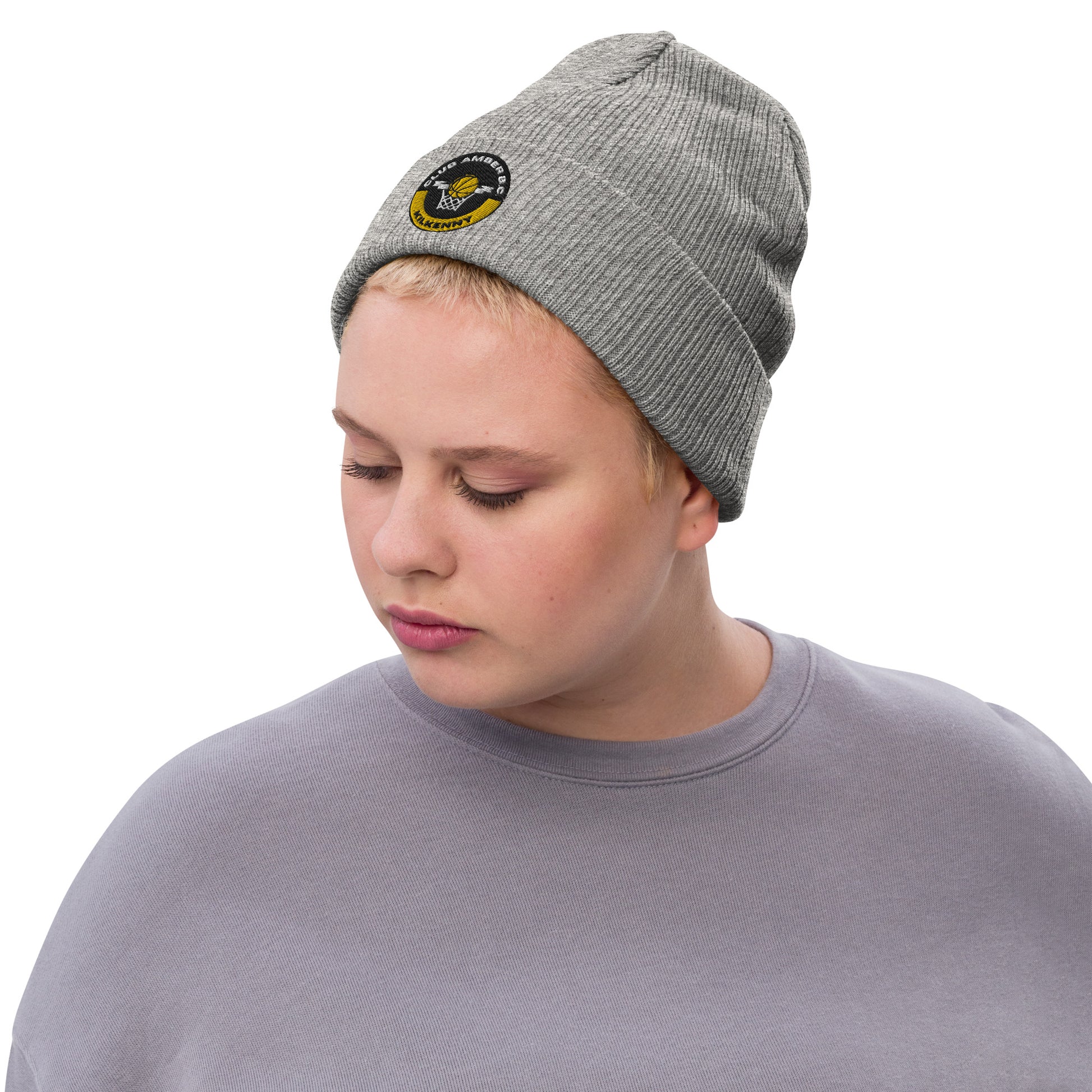 Club Amber Basketball Kilkenny Ribbed Knit Beanie Hat - Designed by Moon Behind The Hill Available to Buy at a Discounted Price on Moon Behind The Hill Online Designer Discount Store