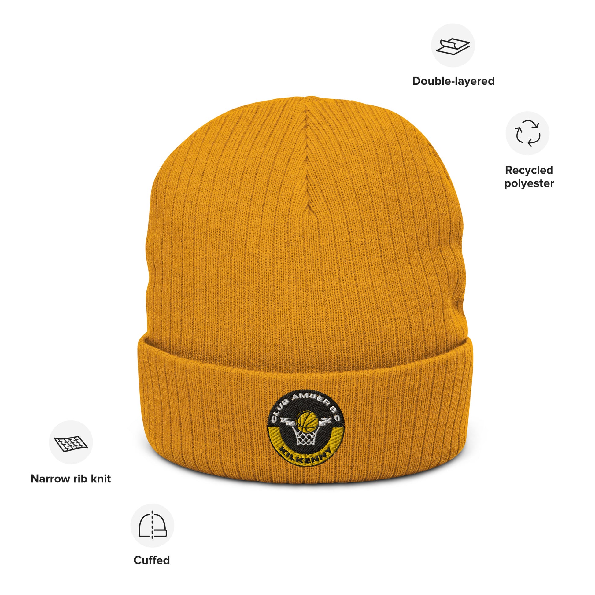 Club Amber Basketball Kilkenny Ribbed Knit Beanie Hat - Designed by Moon Behind The Hill Available to Buy at a Discounted Price on Moon Behind The Hill Online Designer Discount Store