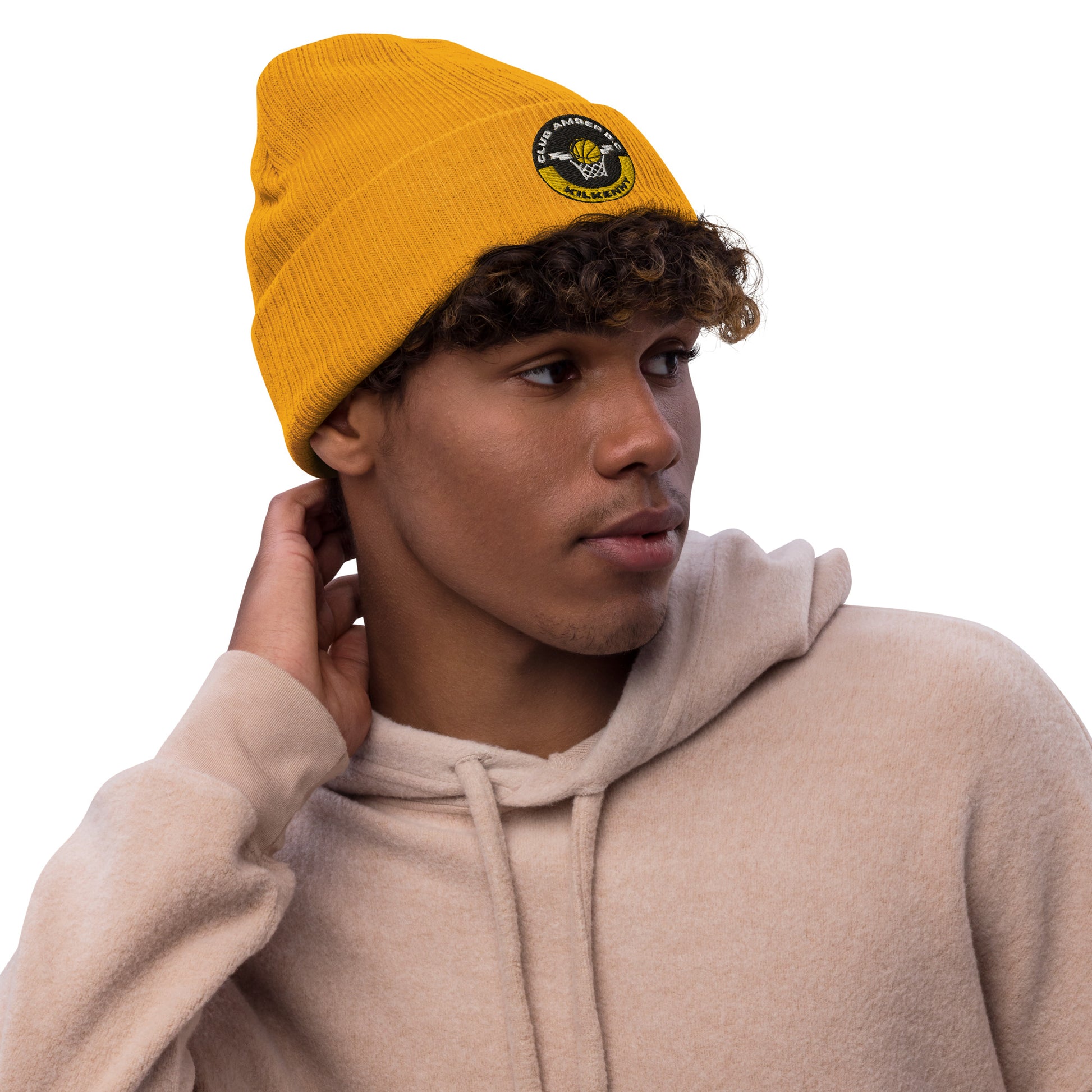 Club Amber Basketball Kilkenny Ribbed Knit Beanie Hat - Designed by Moon Behind The Hill Available to Buy at a Discounted Price on Moon Behind The Hill Online Designer Discount Store
