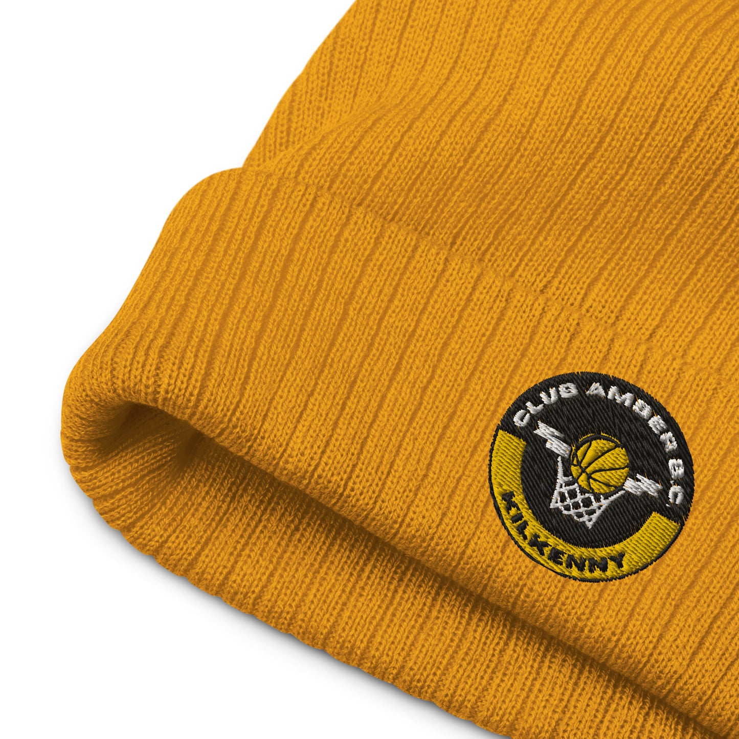 Club Amber Basketball Kilkenny Ribbed Knit Beanie Hat - Designed by Moon Behind The Hill Available to Buy at a Discounted Price on Moon Behind The Hill Online Designer Discount Store