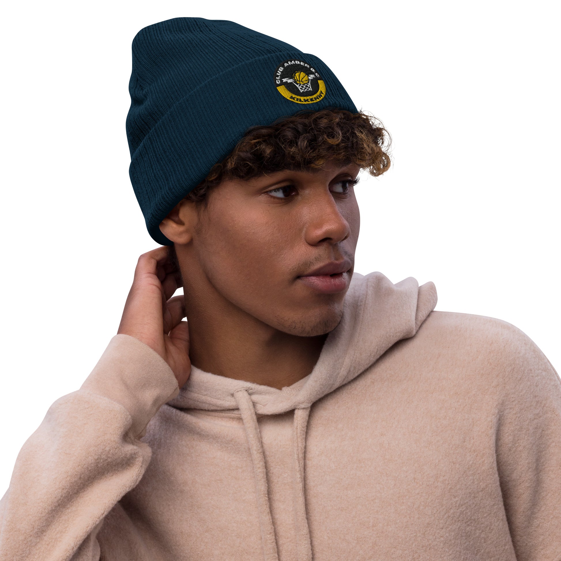Club Amber Basketball Kilkenny Ribbed Knit Beanie Hat - Designed by Moon Behind The Hill Available to Buy at a Discounted Price on Moon Behind The Hill Online Designer Discount Store