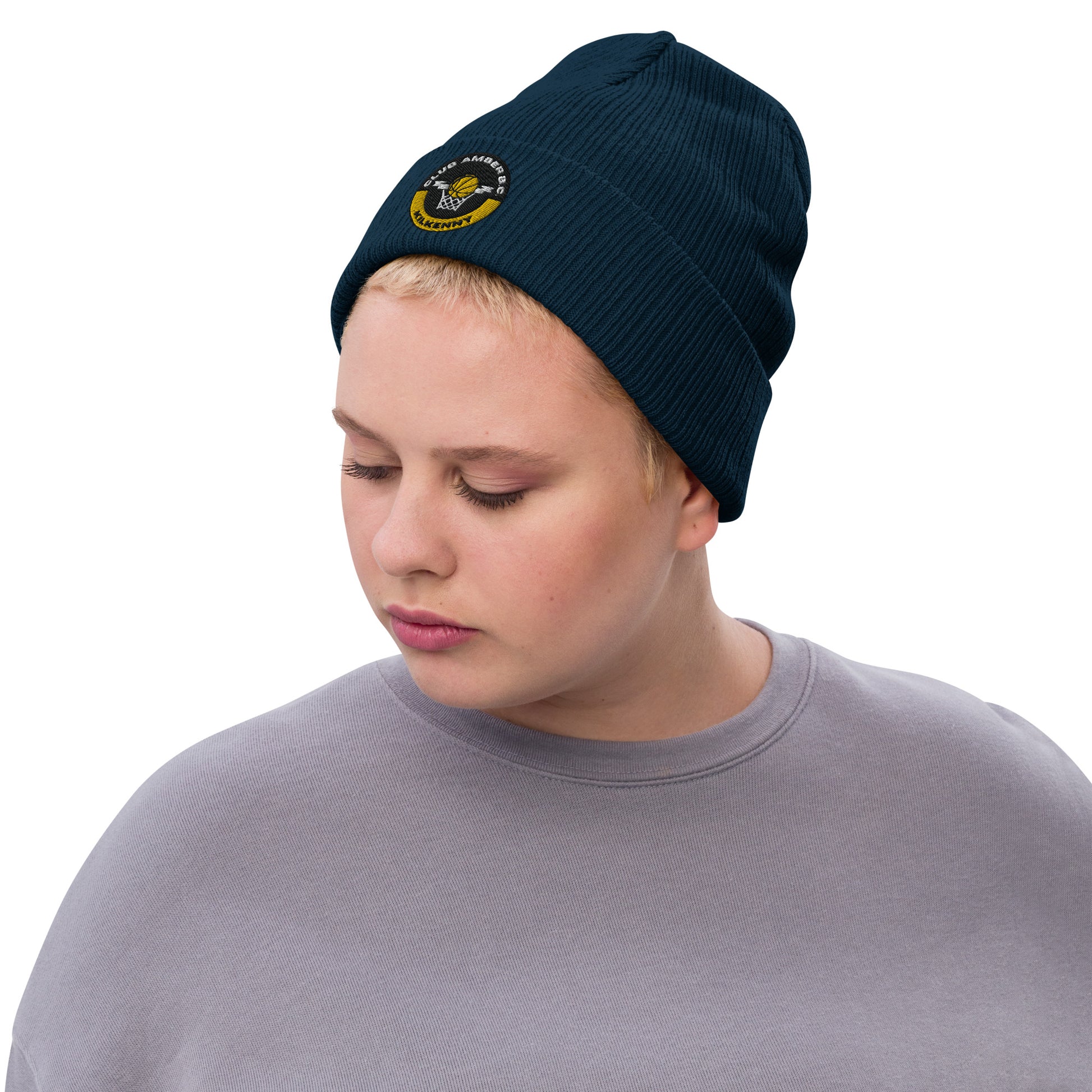 Club Amber Basketball Kilkenny Ribbed Knit Beanie Hat - Designed by Moon Behind The Hill Available to Buy at a Discounted Price on Moon Behind The Hill Online Designer Discount Store