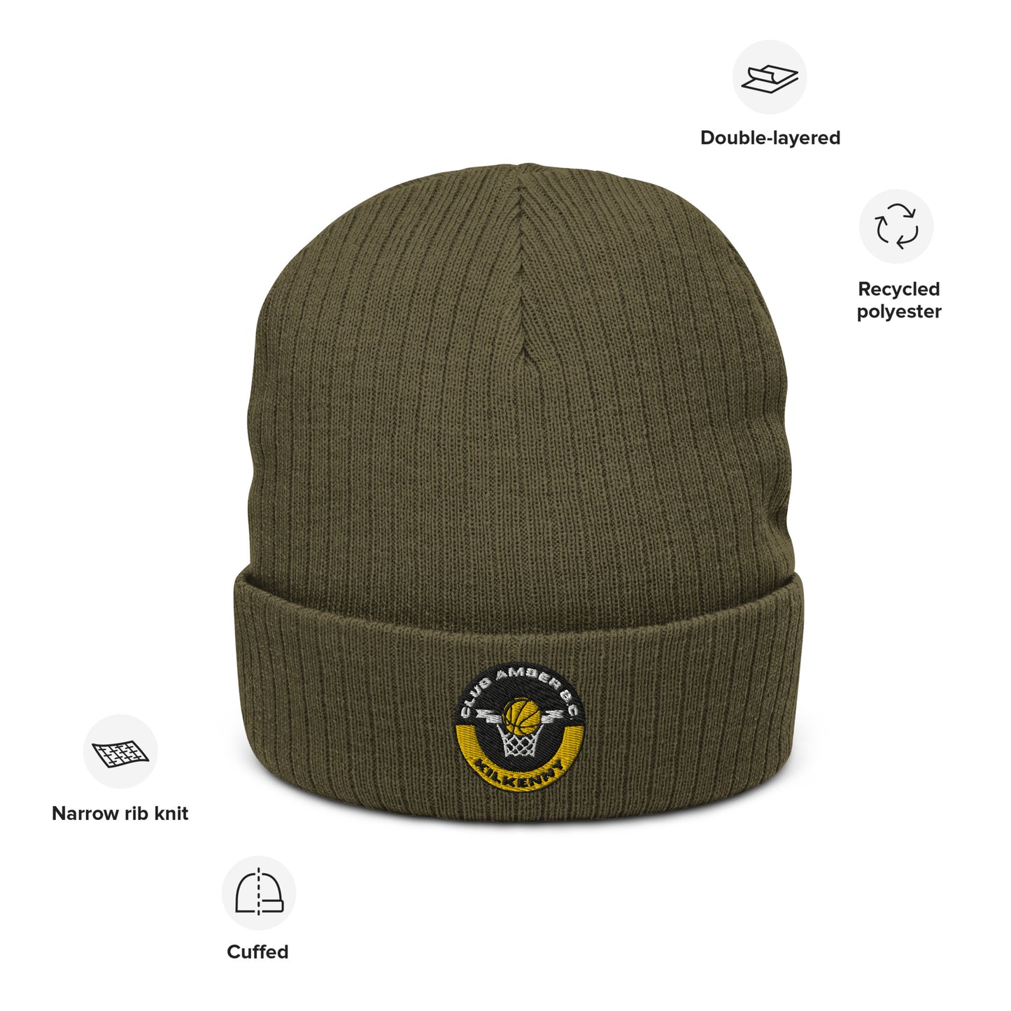 Club Amber Basketball Kilkenny Ribbed Knit Beanie Hat - Designed by Moon Behind The Hill Available to Buy at a Discounted Price on Moon Behind The Hill Online Designer Discount Store