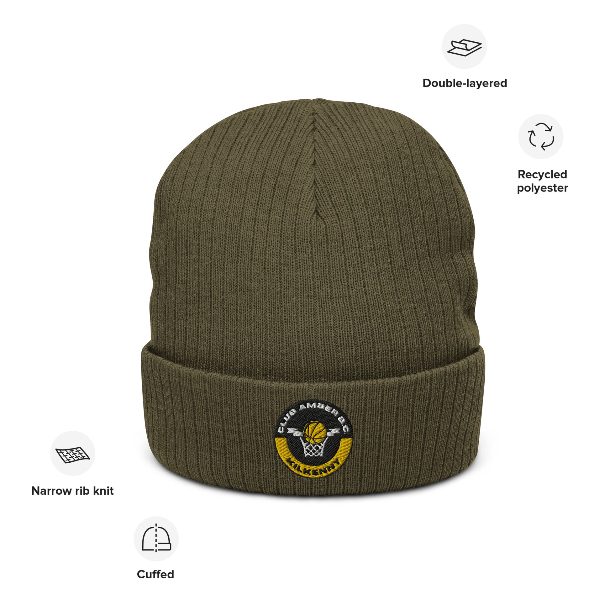 Club Amber Basketball Kilkenny Ribbed Knit Beanie Hat - Designed by Moon Behind The Hill Available to Buy at a Discounted Price on Moon Behind The Hill Online Designer Discount Store
