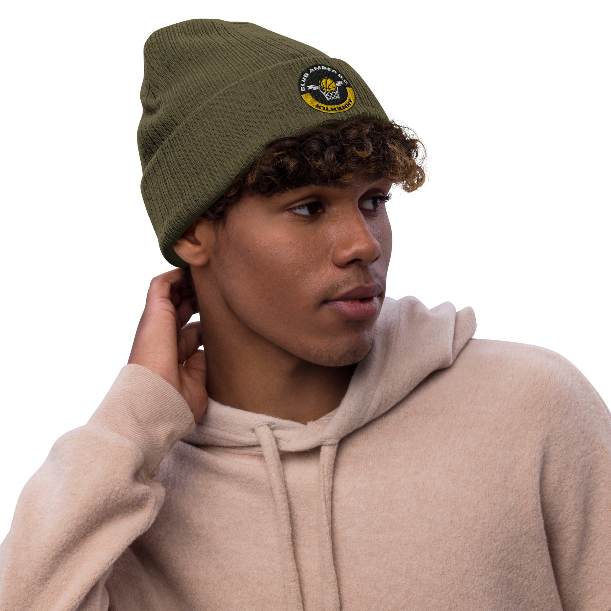 Club Amber Basketball Kilkenny Ribbed Knit Beanie Hat - Designed by Moon Behind The Hill Available to Buy at a Discounted Price on Moon Behind The Hill Online Designer Discount Store