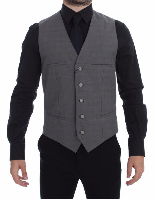 Gray Cotton Slim Fit Button Front Dress Vest