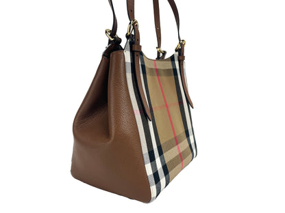 Small Canterby Tan Leather Check Canvas Tote Bag Purse