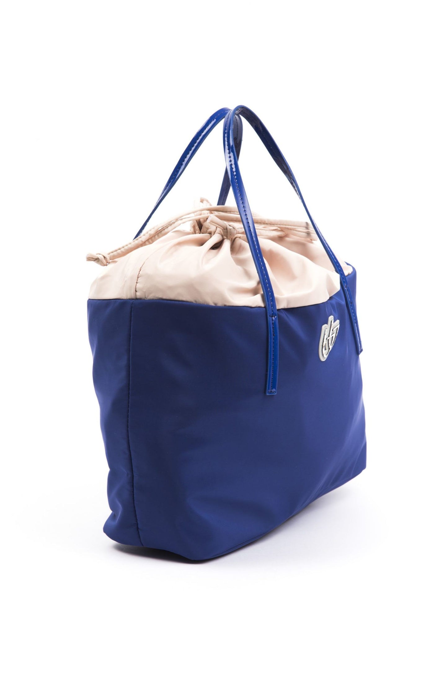 Chic Blue Fabric Shopper Tote with Patent Accents