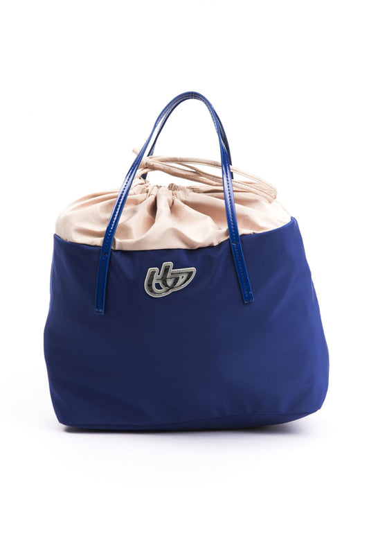 Chic Blue Fabric Shopper Tote with Patent Accents