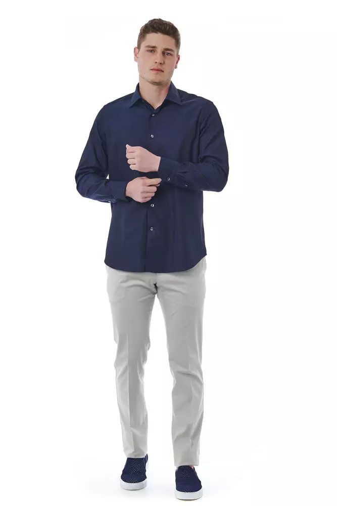 Elegant Blue Regular Fit Italian Collar Shirt